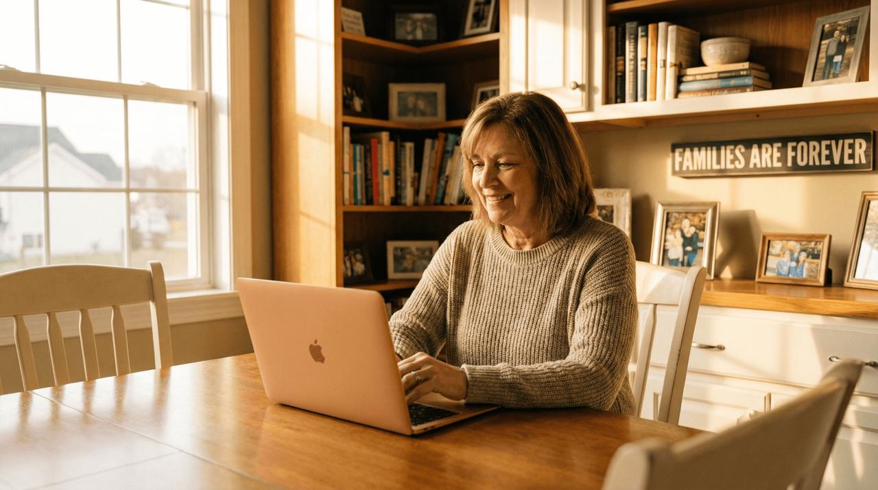 A missionary mom smiling at her laptop with family photos nearby